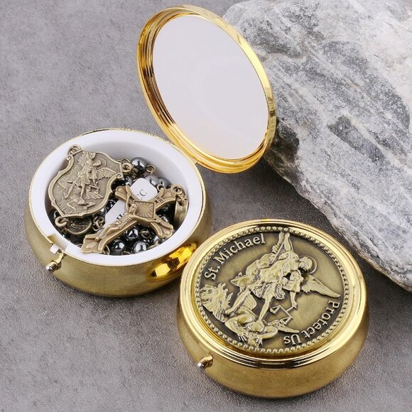 Saint Michael Hematite Black Beads Catholic Rosary Necklace with Gold Plated Met - Picture 7 of 9